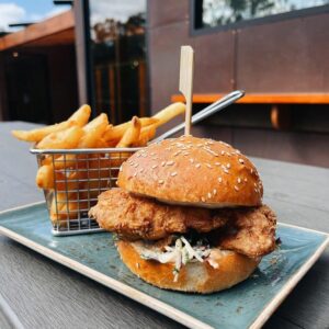 chicken burger and chips