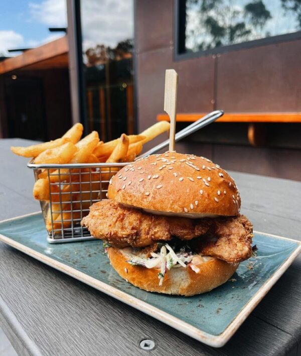 chicken burger and chips